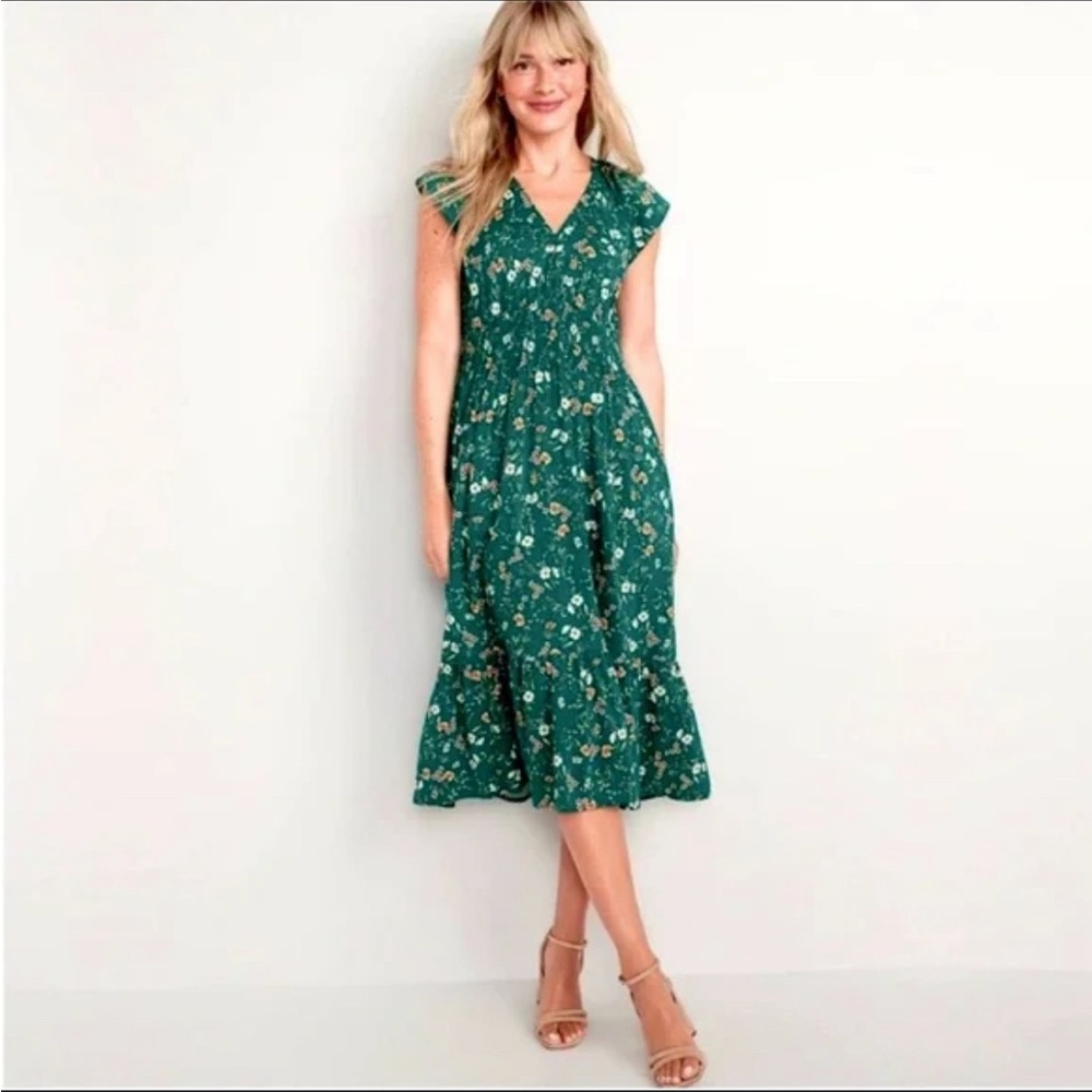 Old Navy Green and White Ruffled Tiered Midi Dress